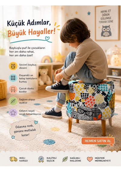 Diday Baykuş Puf Trend Puf Koltuk Puff Bench Dekoratif Bohem Doğal Gürgen Ayaklı Çok Amaçlı Bahçe Ev Balkon Çok Renkli