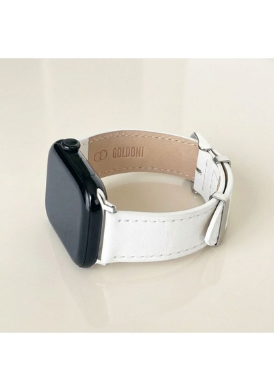 Goldoni Apple Watch Uyumlu Beyaz İnce Gerçek Deri Kordonu Metal Köprülü