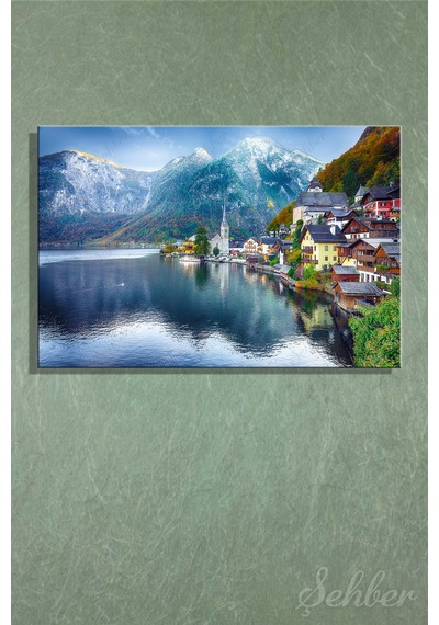 Kanvas Tablo Avusturya Hallstatt Kasabası Manzarası Yatay Salon Tablosu - 4901 Çok Renkli