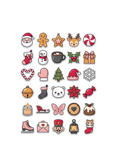 30 Adet Yılbaşı Konseptli Sticker Seti - Laptop Defter Telefon Kılıfı Çok Renkli