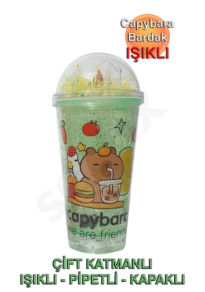 H2o Capybara Çift Cidarlı, Işıklı, Pipetli, Kapaklı Bardak Yeşil