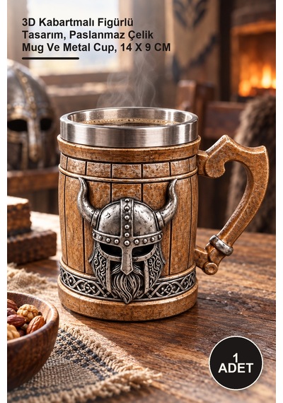 1 Adet Viking Miğferi Kupa Bardak 3d Kabartmalı Figürlü Tasarım, Paslanmaz Çelik Mug Ve Metal Cup, 14 X 9 Cm