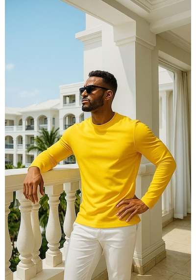 Rich Erkek Uzun Kollu Bisiklet Yaka Tişört - %100 Pamuk Basic Relaxed T-shirt Sarı