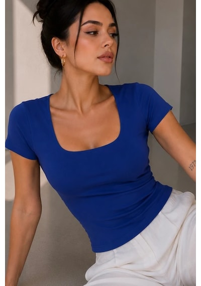 Bb Butik Basic Soft Touch Kare Yaka Body Tulum Astarlı Md3535 Mavi