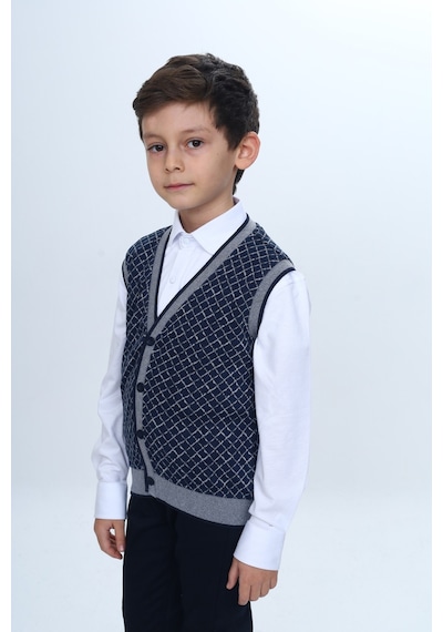 Toontoy Kids Toontoy Erkek Çocuk V Yaka Düğmeli Triko Yelek - Diagonal Desenli Lacivert