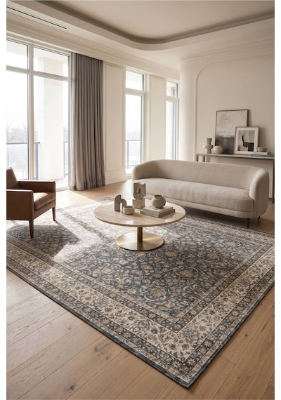 Artloop İstanbul Gri Krem Çiçek Desenli Vintage Dokuma Tabanlı Şönil Halı Al 663 Gri - Krem