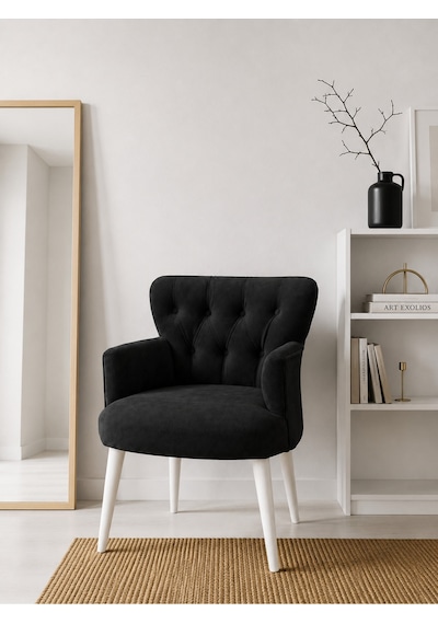 Roma Siyah Babyface Kumaş Berjer Beyaz Ahşap Ayaklı Modern Tekli Koltuk