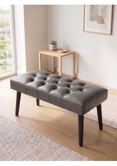 Modern Kapitoneli Gri Deri Kumaş Bench Puf Oturma Bankı Ahşap Siyah Ayaklı Demonte 90x45
