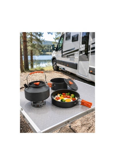 Kompakt Kamp Yemek Seti Alüminyum Tencere Tava Çaydanlık Taşıma Fileli Outdoor Set Renk Renk