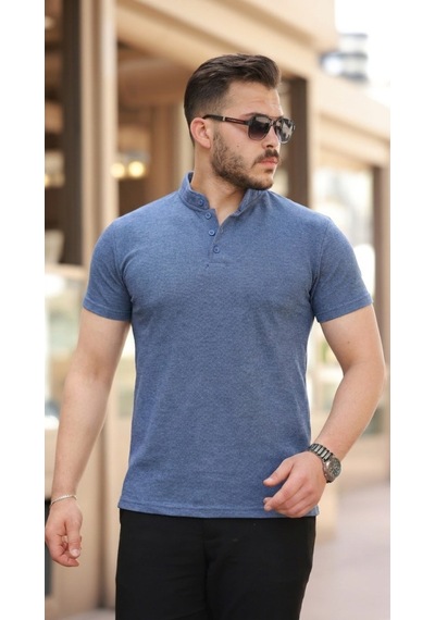 Veraura Lifestyle Erkek Hakim Yaka Dokuma Pamuklu Kumaş Kısa Kollu Tişört Indigo