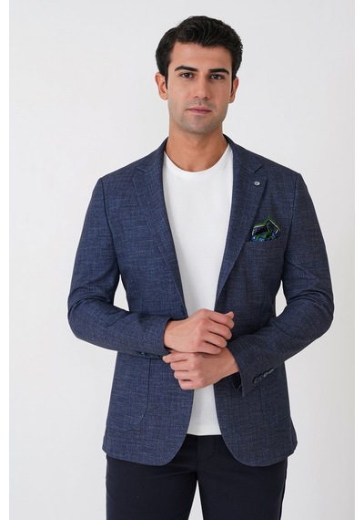 Slim Fit Çift Yırtmaçlı Torba Cep Esenk Yünlü Lacivert Ceket C 752