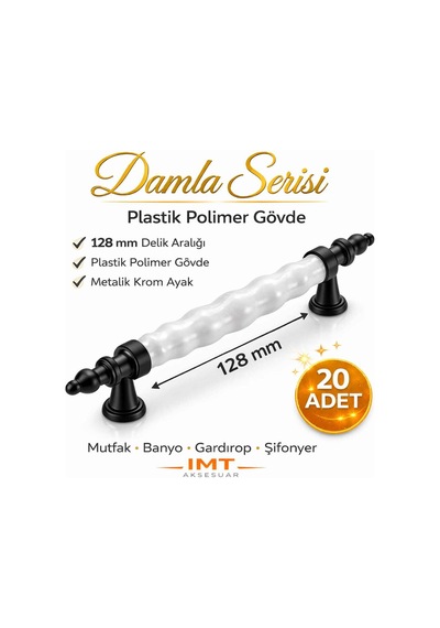 Damla Lüks Polimer Mobilya Kulpu 128 Mm Beyaz-siyah 20 Adet Mutfak Dolabı Çekmece Vestiyer Kulpu Siyah