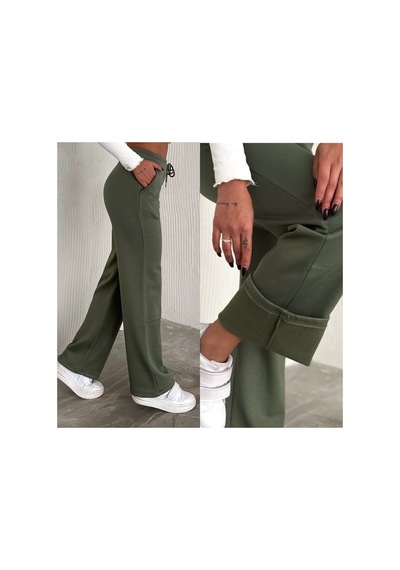Gugus Kadın . Modal Kumaş İçi Polarlı Kalın Alt Eşofman Bol Paça Wide Leg Yeşil
