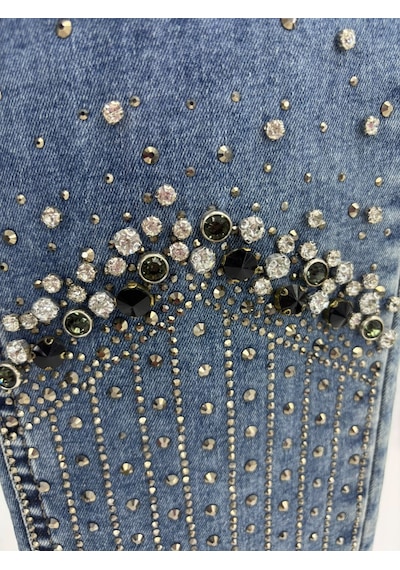 Büyük Beden Taşlı Denim Kadın Pantolon Mavi