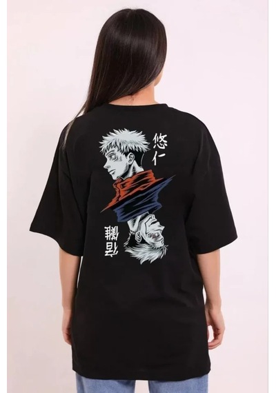 Baskılı Unisex Günlük Stil Siyah Vintage Eskiz Çizim Oversize Tiş
