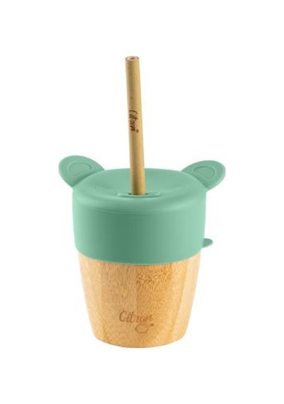 Citron 2'si 1 Arada Kapaklı ve Pipetli Organik Bambu Alıştırma Bardağı - Green 1073629