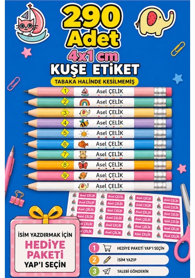 Okul Etiketi Kalem Defter Etiketi Özel Isim Yazılabilen Etiket Seti - Isim Etiketi 290 Adet Tabaka Şeklinde Çok Renkli