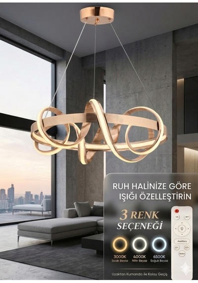 Düğümlü Çizgili Kumandalı Gold Lüks Avize
