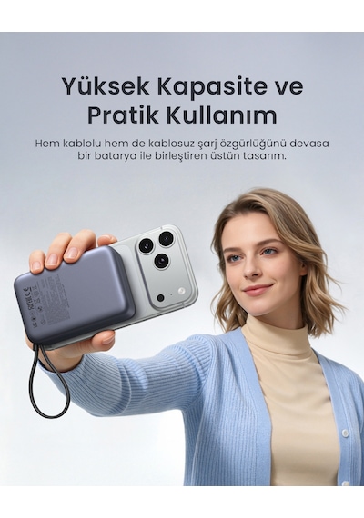 Ugreen Zapix 20.000 Mah Magsafe Wireless Hızlı Şarj Powerbank, Dahili 30w Usb-c Kablo Ve 15w Kablosuz Şarj Destekli, 55450b Gri