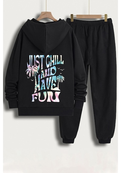 Uyguntarz Unisex Just Chill And Have Fun Baskılı Eşofman Takımı Siyah