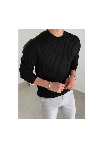 Cool Tarz Erkek Siyah Bisiklet Yaka Slim Fit Triko Kazak Siyah Siyah