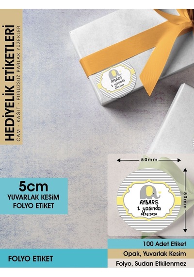 Erkek Çocuk Sarı Fil Konsept, Cemiyetleriniz İçin 5cm - 100 Adet Folyo Sticker Renkli