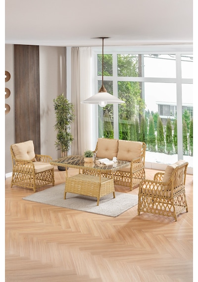 Roma Rattan Bahçe Balkon Takımı 2+1+1 Cam Masalı Cappuccino