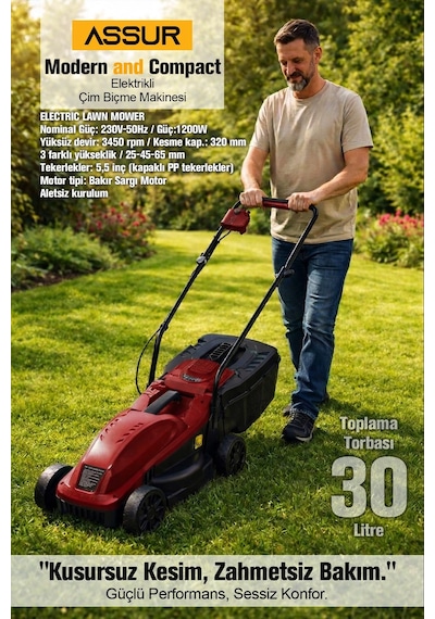 Assur 3107 1200W 30 L Toplama Torbalı Elektrikli Çim Biçme Makinesi