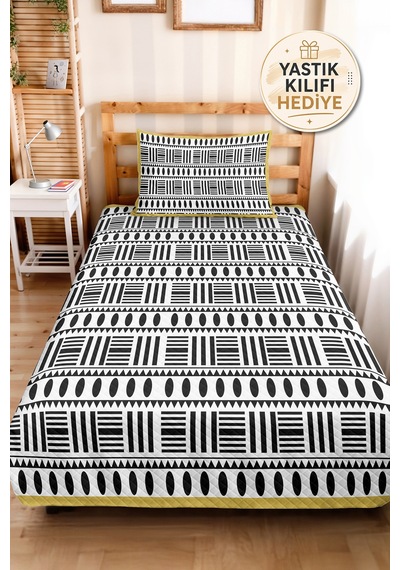 Siyah Beyaz Geometrik Modern Pike Takımı - Etnik Minimal Hardal 160x220 Cm Mevsimlik Yatak Örtüsü Haki
