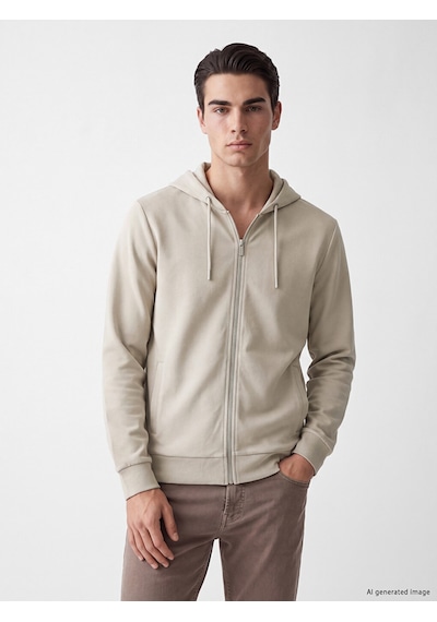Lcwaıkıkı Classic Bej Kapüşonlu Erkek Fermuarlı Sweatshirt