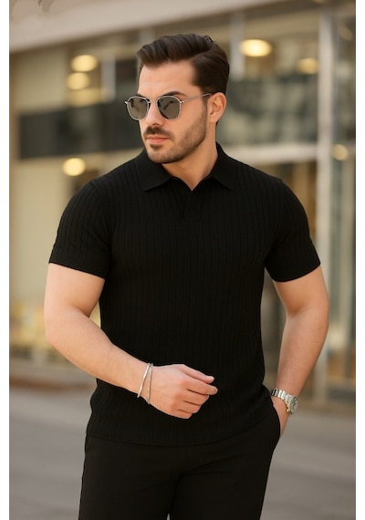Oada Erkek Kısa Kollu Yakalı Çizgi Desenli Triko Bluz Siyah