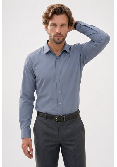 Tudors Modern Slim Fit Uzun Kollu Pamuklu Kolay Ütü Armürlü Gri Erkek Gömlek-49944