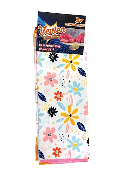 Microfiber Çiçek Desenli Cam Bezi Temizlik Bezi 3'lü 40x40 Cm Beyaz