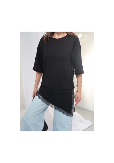 Paw Garage Kadın Elora İnterlok Kumaş Eteği Dantel Detaylı Oversize T-shirt Siyah