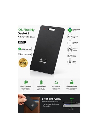 Aircard Find My Destekli Kartlık Takip Cihazı İphone Ve Android Uyumlu Kablosuz Şarj Akıllı Gps Siyah
