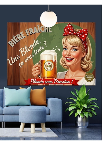 Bira Reklamı Retro Pin-up Dekoratif Kanvas - Mdf Ahşap Tablo