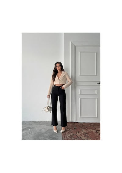 Blue Marlın Yüksek Bel Tam Kalıp Paça Kesik Boru Paça Jeans Siyah