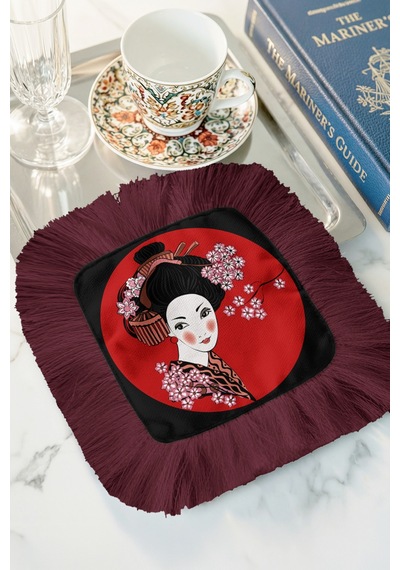 Lüks Japon Geisha Sanatı Püsküllü Sunum Peçetesi - Uzak Doğu Modern Bordo Bardak Altlığı Mendil Çok Renkli