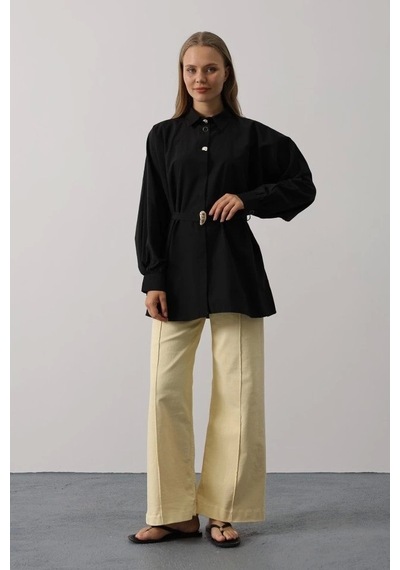 Defymoda Kuşak Detaylı Tunik Gömlek - Siyah Siyah