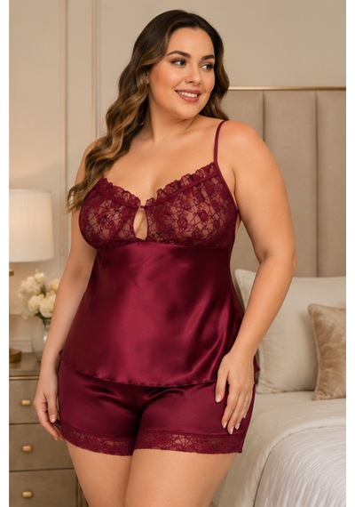 Loule Büyük Beden Bordo Transparan Dantel Şortlu Saten Pijama