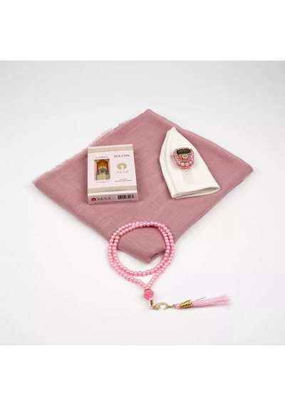 Eşarp + Takke + Esans + Tesbih + Zikirmatik Hediye Seti Asetat Kutulu, Pembe Pembe