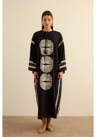 Aker Geometrik Desenli Cotton Yaz Serinliği Kimono Siyah Siyah