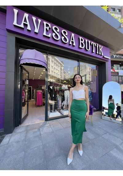 Saten Yırtmaçlı Uzun Etek - Yeşil Renk-97 Yeşil