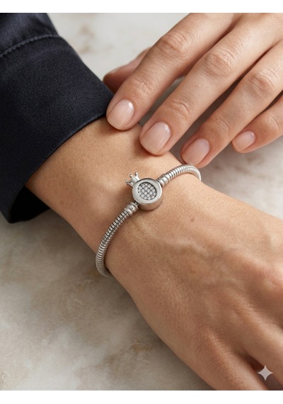 Kadın Charm İçin Uygun Taşlı Taç Model Çelik Bileklik19 Cm Silver