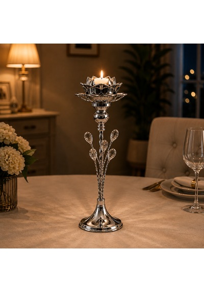 3'lü Gümüş Lotus Mumluk Seti Kristal Taş Detaylı Metal Şamdan Dekoratif Mumluk