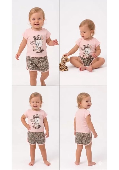 Veraura Lifestyle 1/4 Yaş Leopar Tavşan Baskılı Çocuk Takımı Pembe