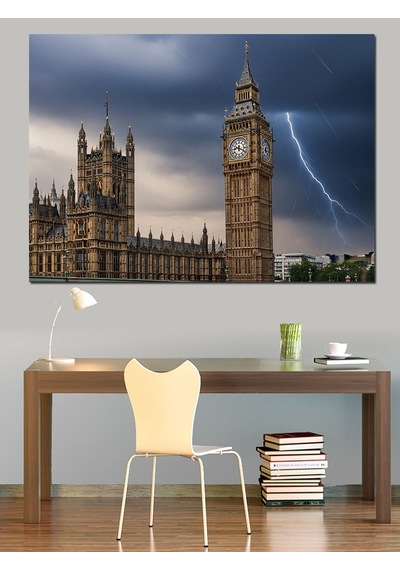 Şimşekli Havada Big Ben Kulesi Dekoratif Kanvas - Mdf Ahşap Tablo