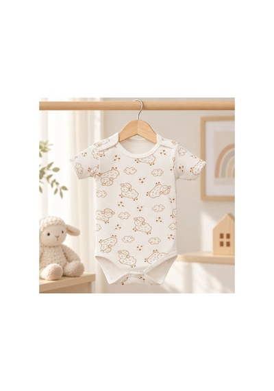 Cantaz Unisex Bebek Kuzu Desenli %100 Pamuk Kısa Kollu Çıtçıtlı Body Zıbın Krem