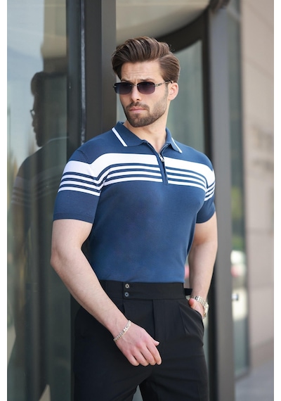 Madmext Lacivert Fermuarlı Polo Yaka Erkek Triko T-shirt E7407 Lacivert