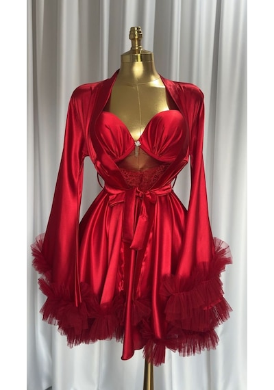 Mh Moony Homewears Kutulu Manolya Kırmızı Saten Kol Detay Gecelik Sabahlık Olay Kırmızı